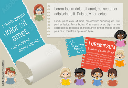 Template with cartoon student children reading books. Students.

