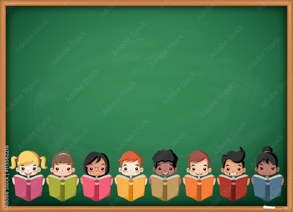 Cartoon children reading books over green chalkboard blackboard. Students.  Stock Vector | Adobe Stock