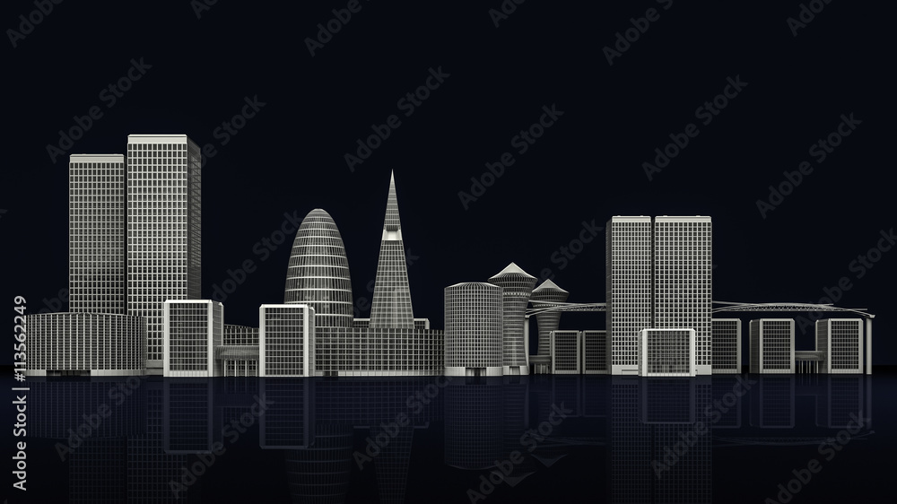 Fototapeta premium 3D Illustration of Modern City Buildings on dark