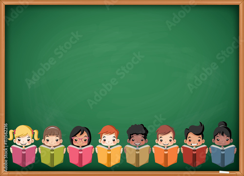 Cartoon children reading books over green chalkboard blackboard. Students.
