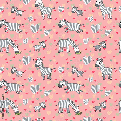 vector pattern with cute zebras on a pink background.