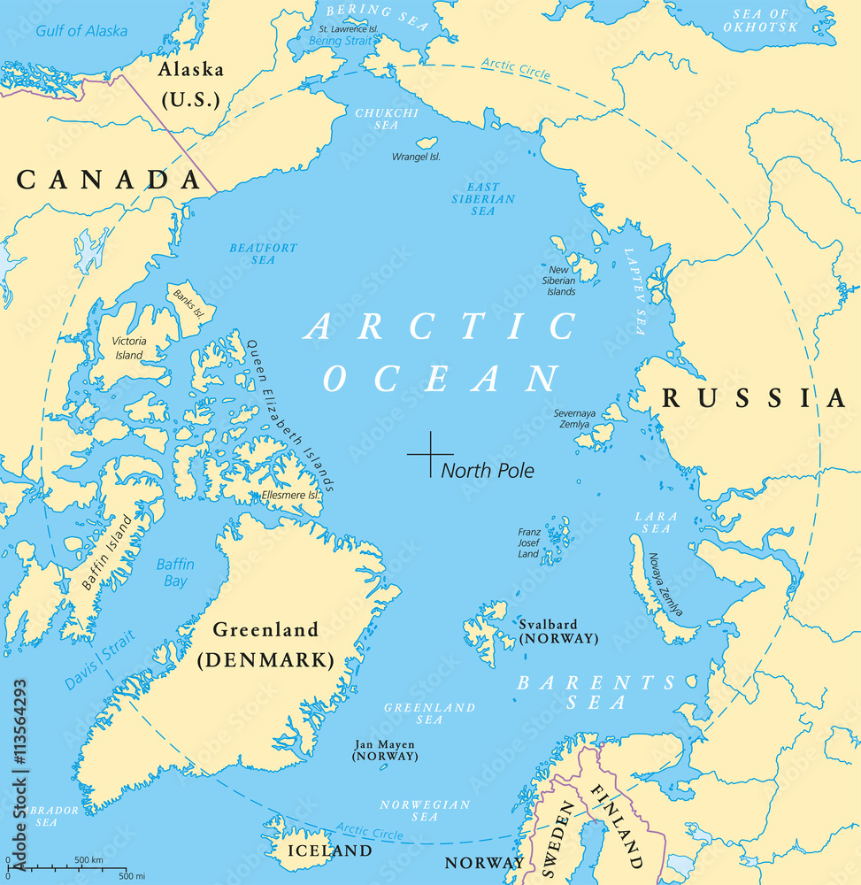 Arctic Ocean map with North Pole and Arctic Circle. Arctic region map with countries, national borders, rivers and lakes. Map without sea ice. English labeling and scaling.