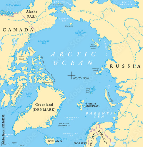 Fototapeta Naklejka Na Ścianę i Meble -  Arctic Ocean map with North Pole and Arctic Circle. Arctic region map with countries, national borders, rivers and lakes. Map without sea ice. English labeling and scaling.