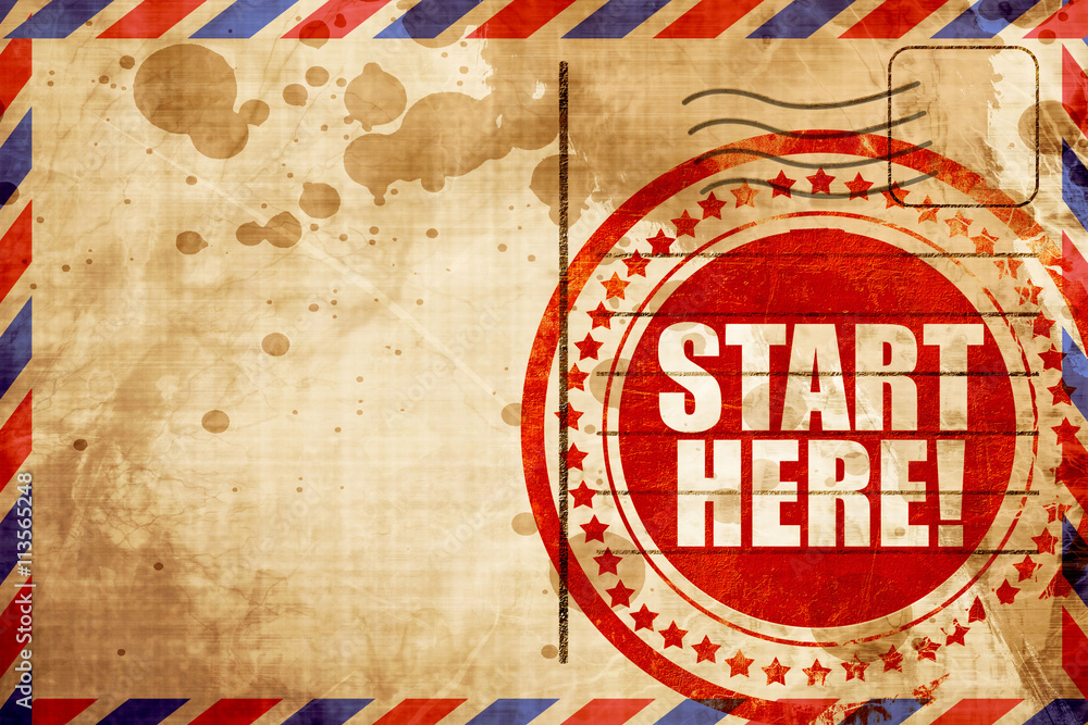 Fototapeta premium start here!, red grunge stamp on an airmail background