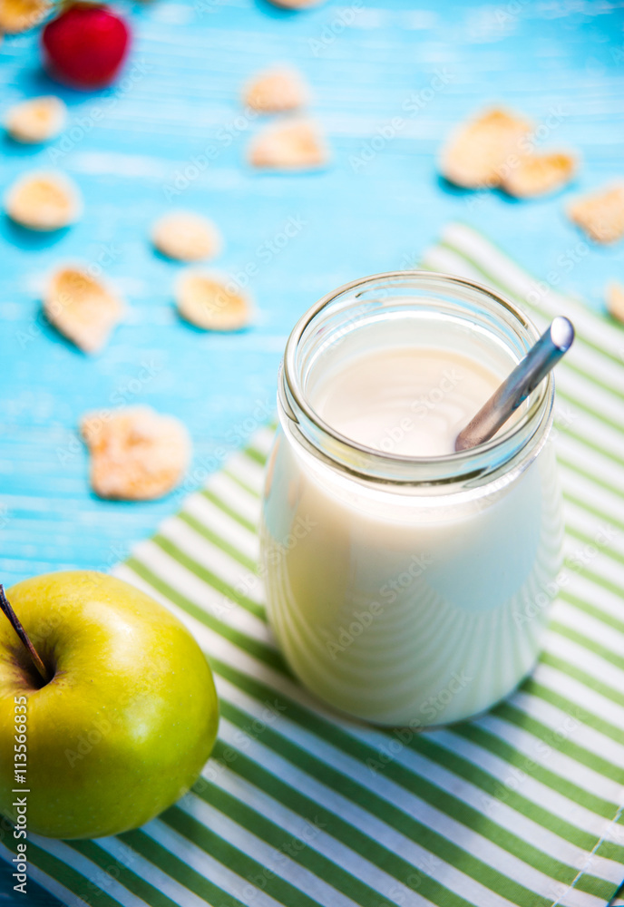apples and yogurt. milk in jar apples and yogurt. milk in jar