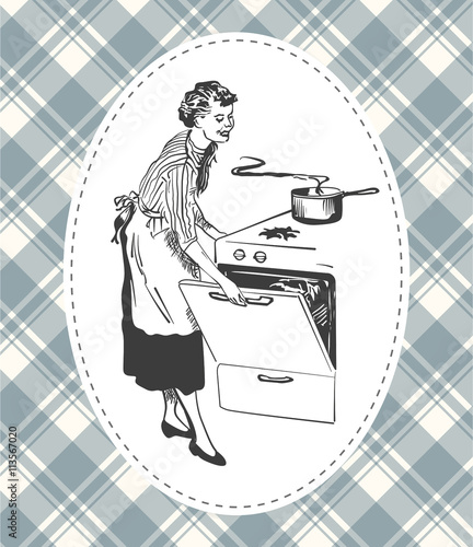 Retro housewife cooking in her kitchen vector image