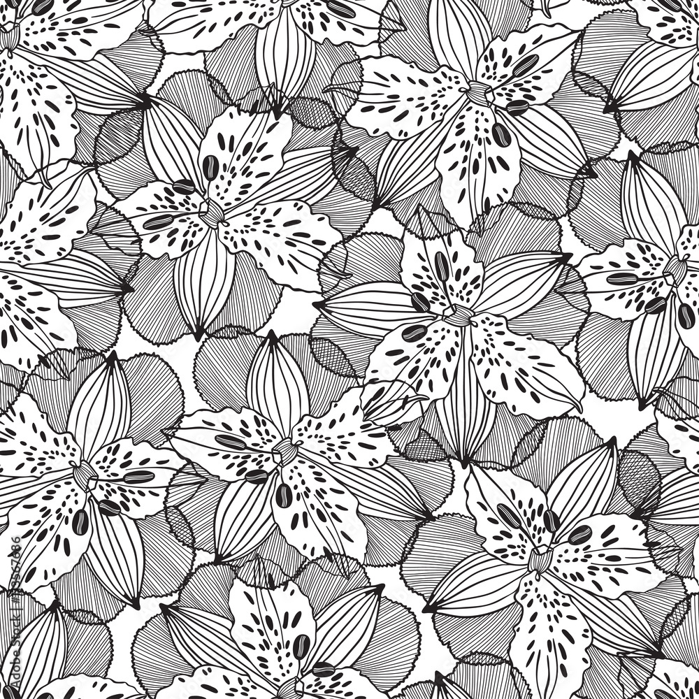 Black and white seamless pattern with irises. Hand-drawn floral background