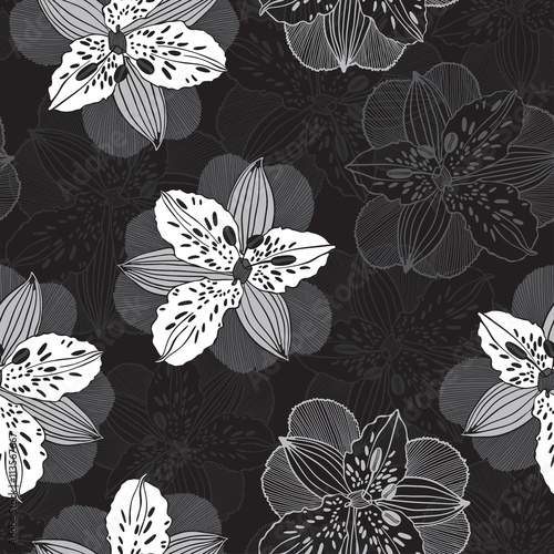 Fototapeta Naklejka Na Ścianę i Meble -  Monochrome  seamless pattern with irises. Hand-drawn floral background