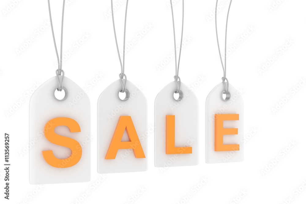 Colorful isolated sale labels on white background. Price tags. Special offer and promotion. Store discount. Shopping time. Orange letters on white labels. 3D rendering.