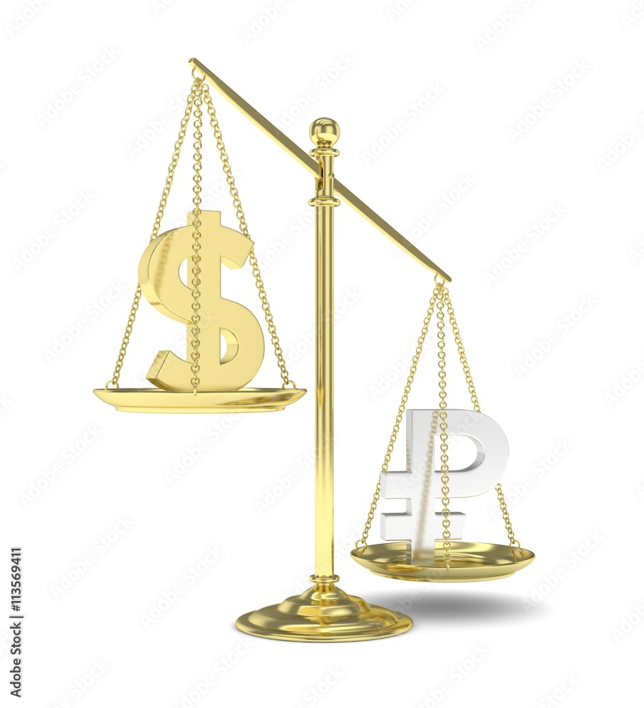 Isolated old fashioned pan scale with dollar and ruble on white background. American and russian currency. Ruble is heavier. Silver rouble, golden usd. 3D rendering. Isolated old fashioned pan scale with dollar and ruble on white background. American and russian currency. Ruble is heavier. Silver rouble, golden usd. 3D rendering.