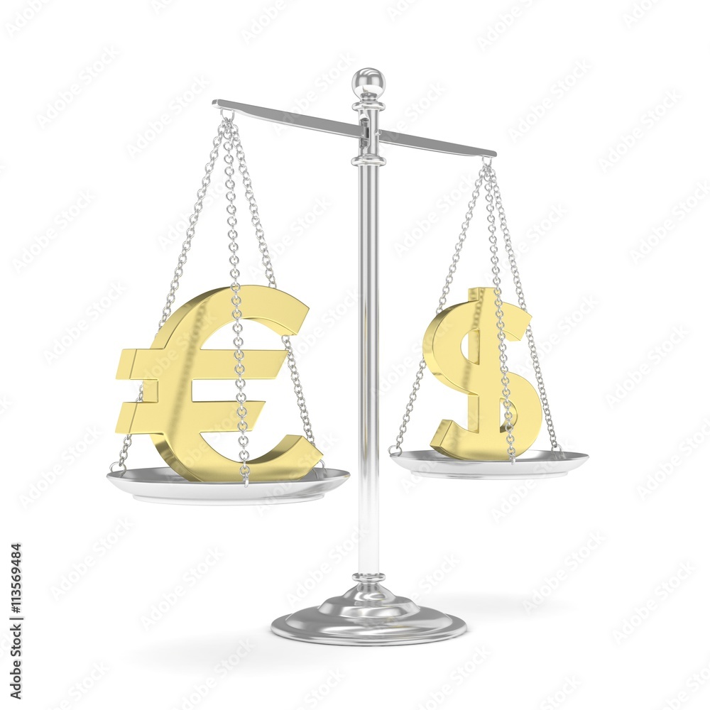 Isolated silver scales with golden dollar and euro currency. American and european finance. Measuring of market stability. 3D rendering. Isolated silver scales with golden dollar and euro currency. American and european finance. Measuring of market stability. 3D rendering.