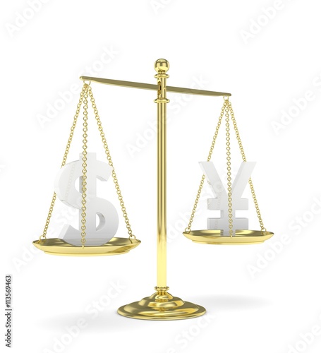 Isolated old fashioned pan scale with dollar and yuan,yen on white background. American and chinese and japanese currency. Currency equality. 3D rendering.