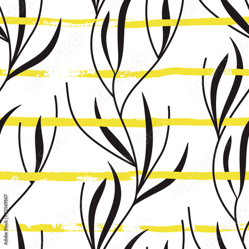 Vector seamless pattern with hand drawn stripes and plants