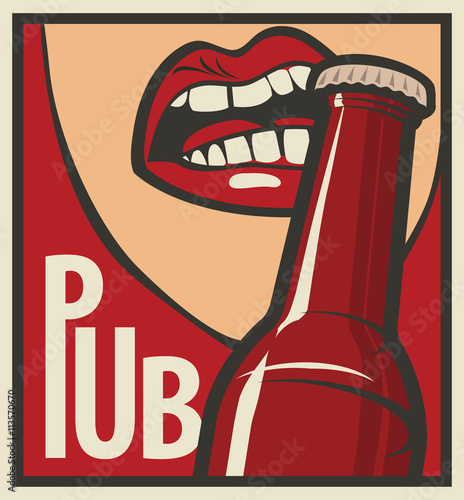 mouth opens a beer bottle with his teeth in retro style
