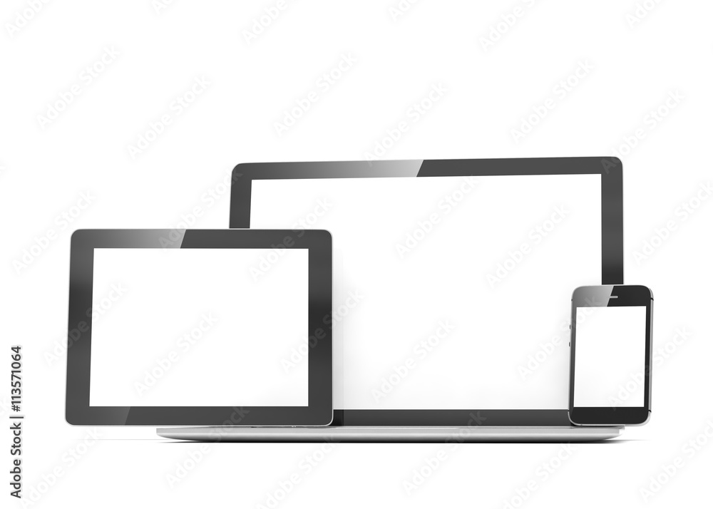 laptop, tablet, phone, on white. 3d rendering. laptop, tablet, phone, on white. 3d rendering.
