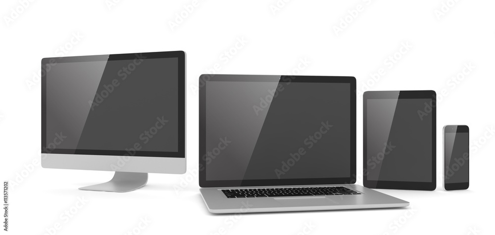 Responsive web design, laptop, smartphone, tablet, computer, display. 3d rendering. Responsive web design, laptop, smartphone, tablet, computer, display. 3d rendering.