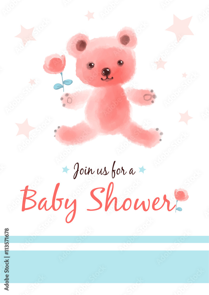 Baby shower invitation card with cute teddy bear and flower.