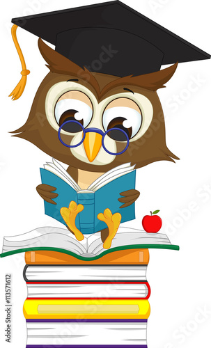 wise owl reading a book while sitting on a pile of books
