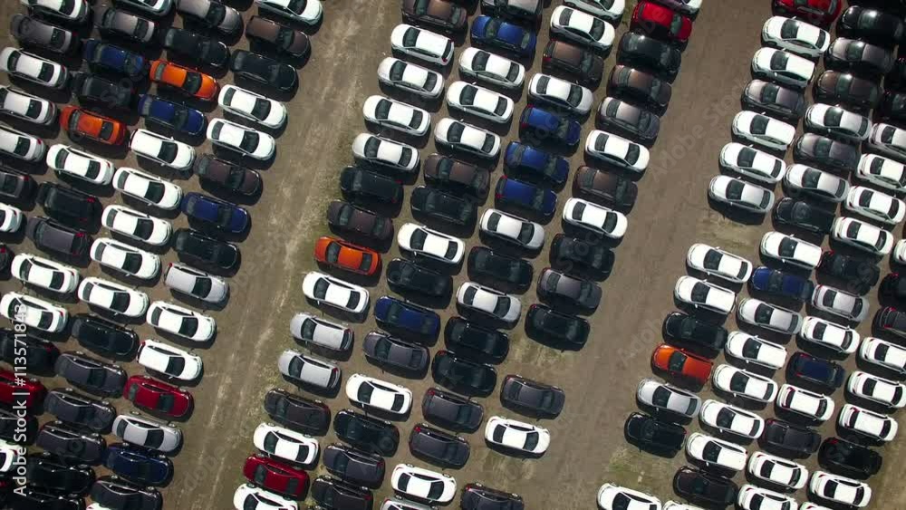 Aerial view of storage parking with new unsold cars Aerial view of storage parking with new unsold cars
