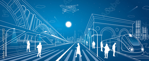 Railway station, big bridge, train move on the bridge, people waiting for the train on square, industrial and transport panorama, metro, city road, airplane fly, vector design art