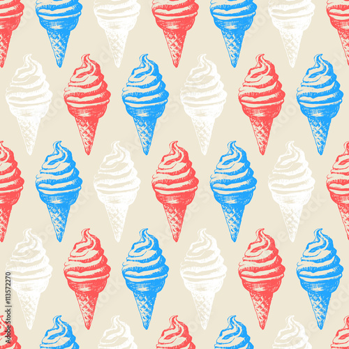 Seamless food pattern with colorful skech cone ice cream.  photo