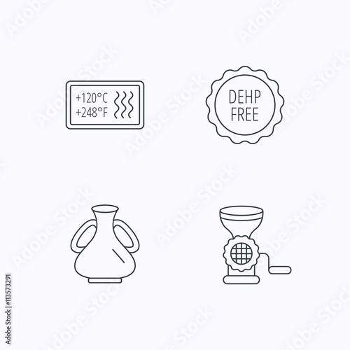 Meat grinder, vase and heat-resistant icons.