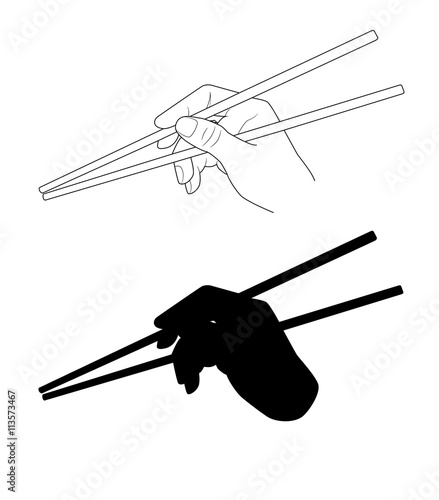 Hand holding sushi chopsticks. Using Japan wok chopsticks. vector drawing. Graphic illustration. Asian food. Wooden sticks. Oriental cuisine. 
