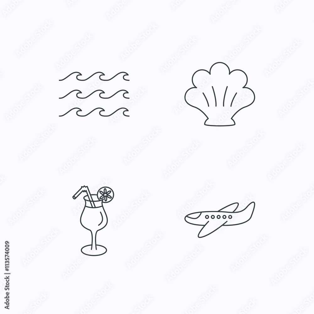 Shell, waves and cocktail icons.