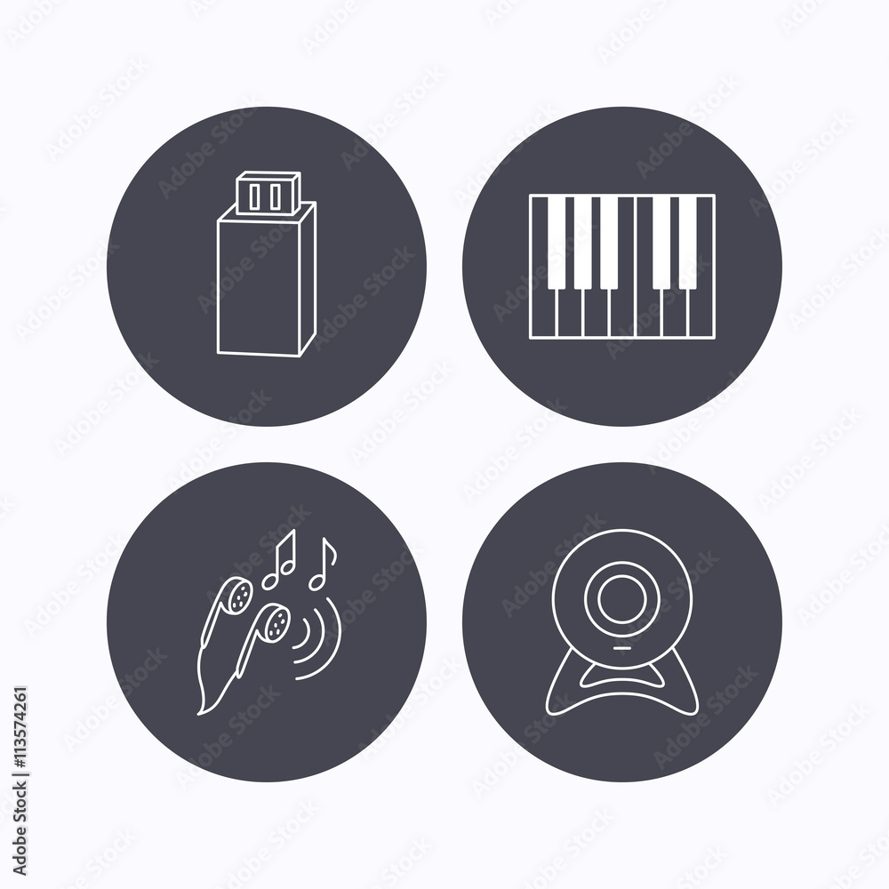 Headphones, web camera and USB flash icons. Headphones, web camera and USB flash icons.