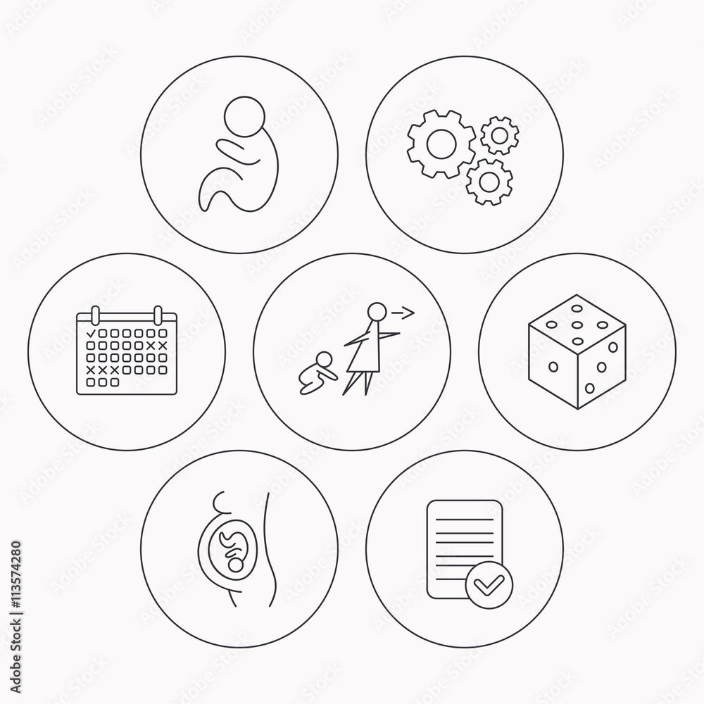 Pregnancy, paediatrics and dice icons. Pregnancy, paediatrics and dice icons.