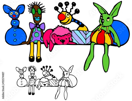 A shelf full of toys that aren't quite right.