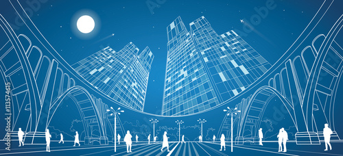 Big bridge, night city on background, industrial and infrastructure illustration, white lines landscape, people walk on the square, neon town, vector design art