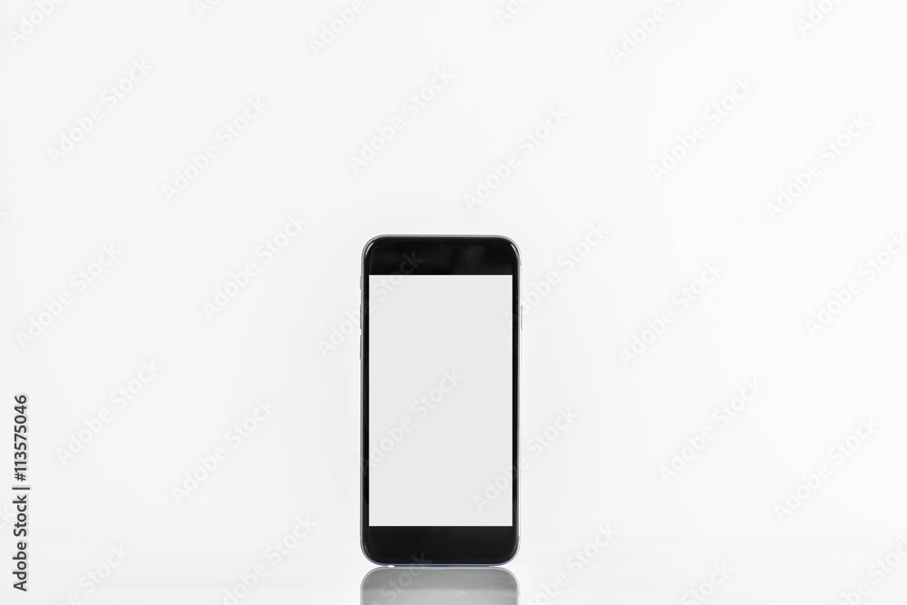 Standing mobile smart phone with blank screen on white background Standing mobile smart phone with blank screen on white background