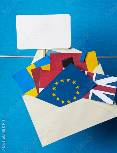 Flags of European Union (flags of different countries eurozone) and United Kingdom, Brexit UK EU referendum concept. placard for text