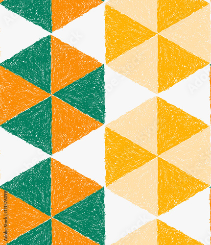 Pencil hatched orange green and yellow triangles forming hexagon