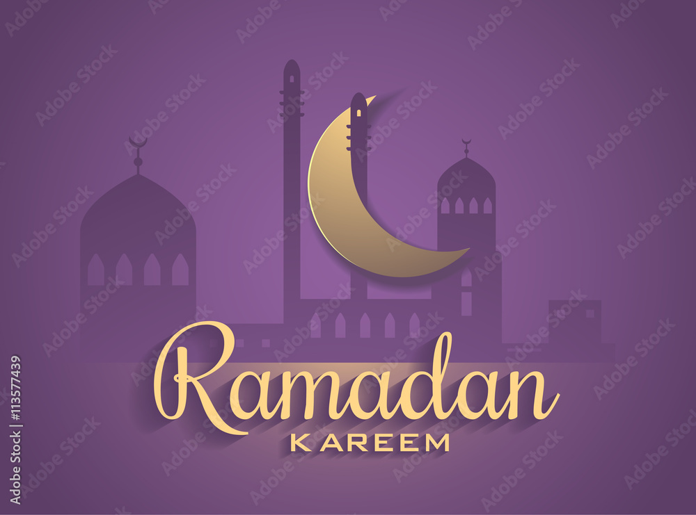 Vector Moon and Mosque Lightning in Dark purple Background with Ramadan Kareem Greetings. Silhouette Illustration Vector Moon and Mosque Lightning in Dark purple Background with Ramadan Kareem Greetings. Silhouette Illustration