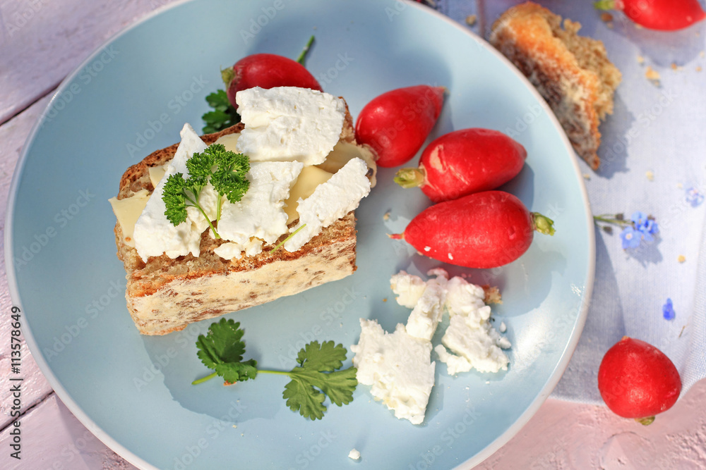Fresh healthy breakfast, a slice of soda bread with butter and cottage cheese and red radish