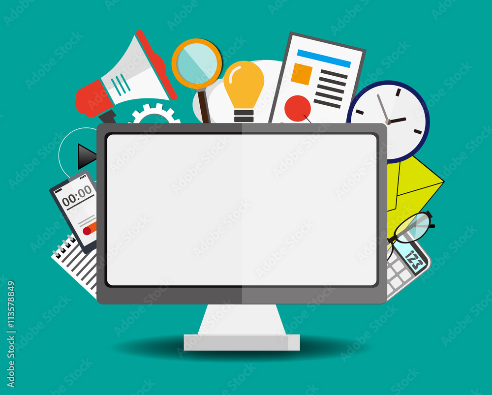 blank computer screen with mobile devices and office supplies icon blank computer screen with mobile devices and office supplies icon