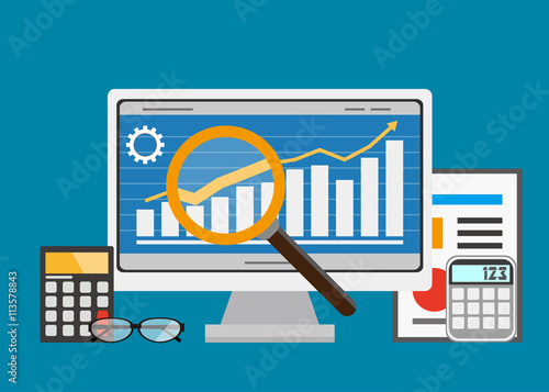 Data analysis. Business concept. magnifying glass at the monitor with the schedule graph