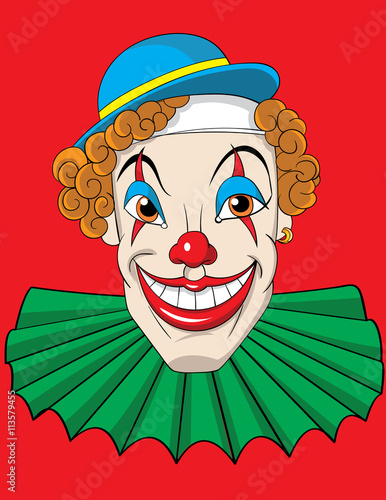 Clown face blue hat red background