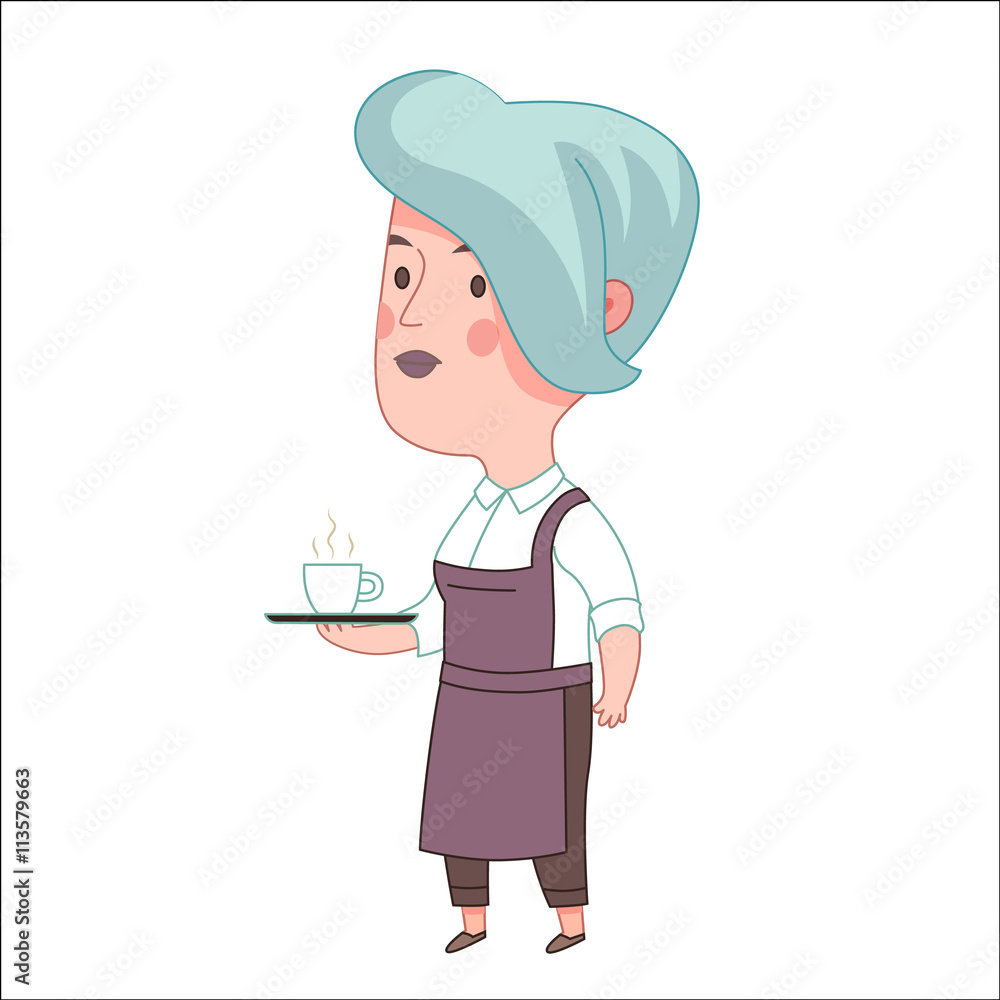 Waitress, cartoon vector illustration, a blue haired woman wearing an apron holding a tray with a cup of coffee or tea on it, a part of Dodo people collection Waitress, cartoon vector illustration, a blue haired woman wearing an apron holding a tray with a cup of coffee or tea on it, a part of Dodo people collection