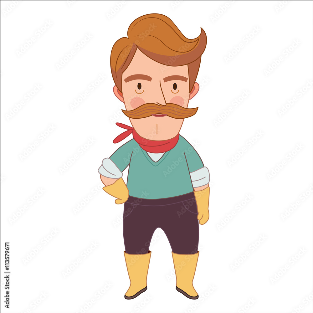 Gardener, cartoon vector illustration, a middle aged man wearing moustache, gloves, neckerchief and rubber boots, a part of Dodo people collection