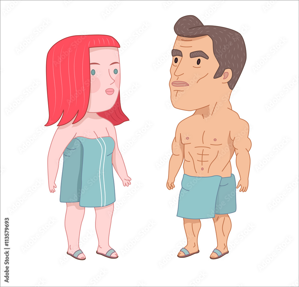 After shower, flat cartoon vector illustration, a man and a red hired woman both wrapped into the towels standing next to each other, a part of Dodo people collection After shower, flat cartoon vector illustration, a man and a red hired woman both wrapped into the towels standing next to each other, a part of Dodo people collection