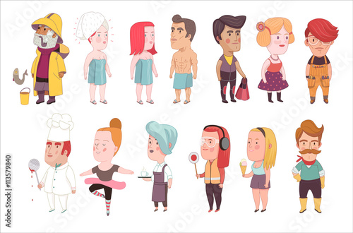 Vector cartoon illustrated various doodle characters people set