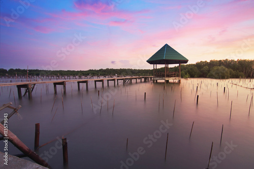 Natural background of route amidst the sea and the mangrove forest and beautiful nature during sunrise  sunset. Beautiful landscape of Thailand