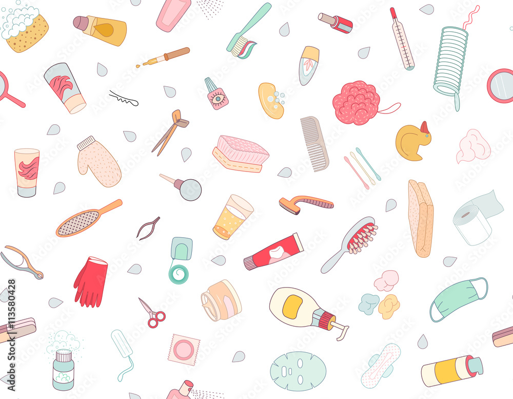 Hygiene elements seamless pattern on white background, flat cartoon vector illustration Hygiene elements seamless pattern on white background, flat cartoon vector illustration