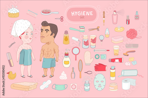 After shower, flat cartoon vector illustration, a standing man and a red hired woman both wrapped into the towels, surrounded by hygiene elements,on a pink background, a part of Dodo people collection