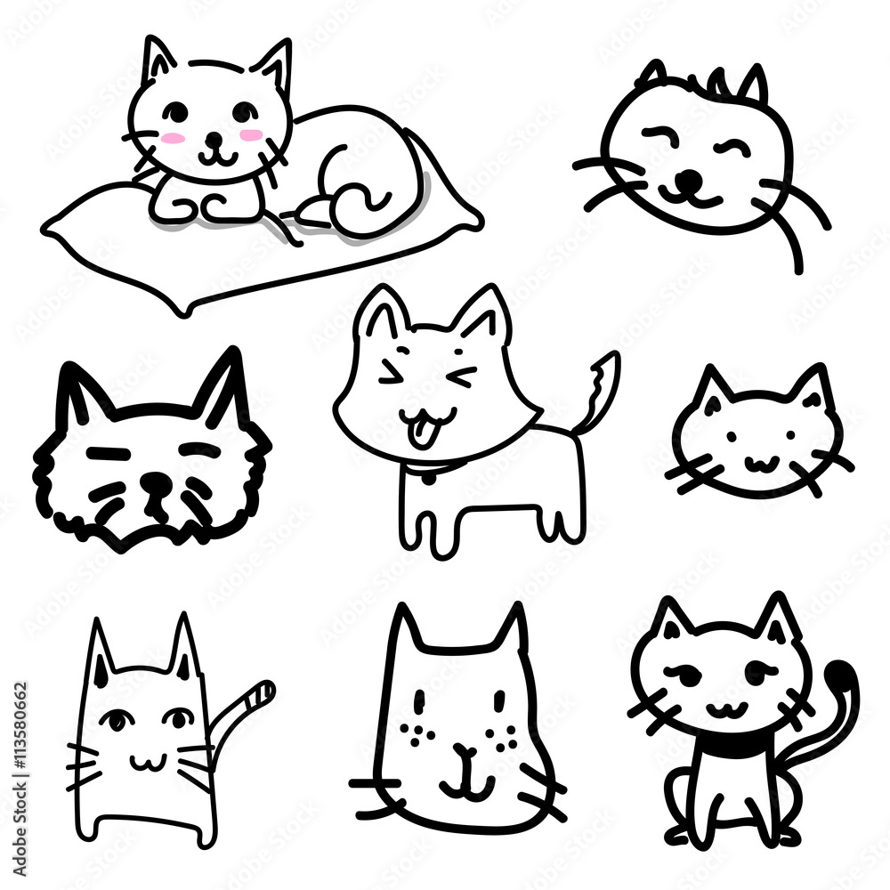 cat doodle drawing a vector on white background, set of black line free hand drawing doodle cute cats vector cat doodle drawing a vector on white background, set of black line free hand drawing doodle cute cats vector