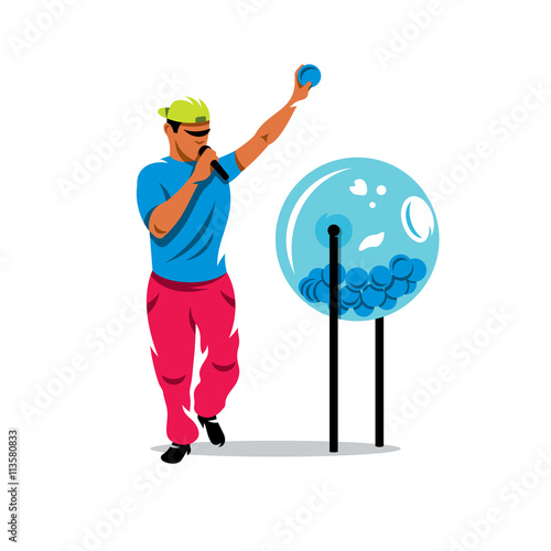 Vector Man and Lottery drum with bingo balls. Cartoon Illustration.