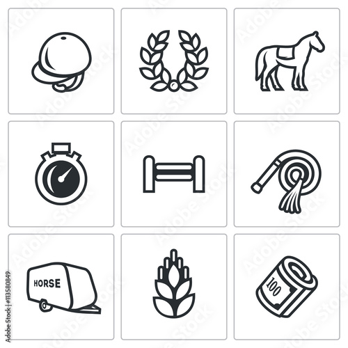 Vector Set of Equestrian Sport Icons. Jockey cap, Glory, Horse, Stopwatch, Barrier, Whip, Trailer, Oat, Money.